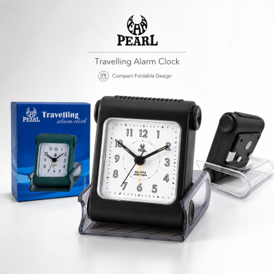 Foldable Travel Alarm Clock – Portable Quartz Analog Clock with Night Light, Battery Included (Multicolor, Acrylic)